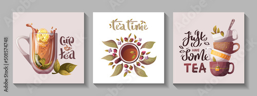 Set of cards with Cups of tea and handwritten lettering. Tea lover, tea shop, cafe-bar menu, teatime concept. Square vector illustration for poster, banner, cover, postcard, card.