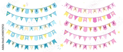 A set of colorful garlands for the birth of a boy or girl. Vector design elements for baby shower invitations, posters or banner