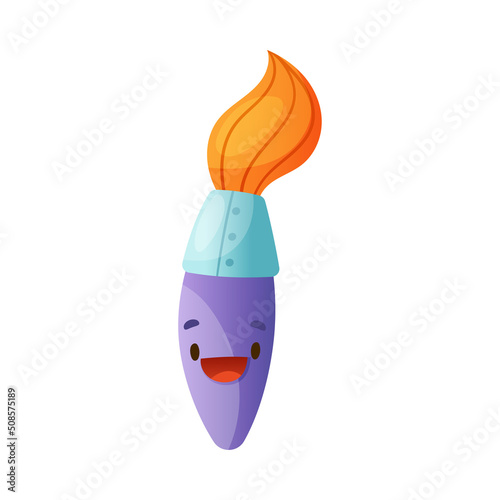 Funny Paintbrush as School Item with Smiling Face as Cartoon Education Supply Vector Illustration