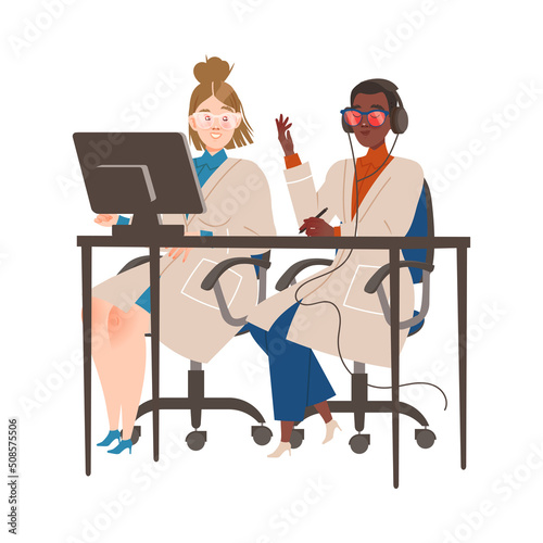 Woman Scientist Sitting at Table with Computer Conducting Scientific Research Vector Illustration