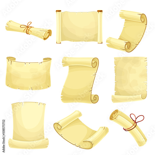 Old Scroll or Roll of Papyrus, Parchment or Paper Containing Writing Vector Set