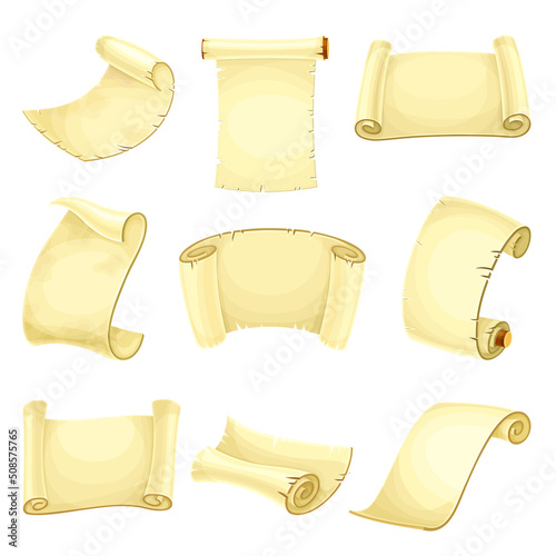 Old Scroll or Roll of Papyrus, Parchment or Paper Containing Writing Vector Set