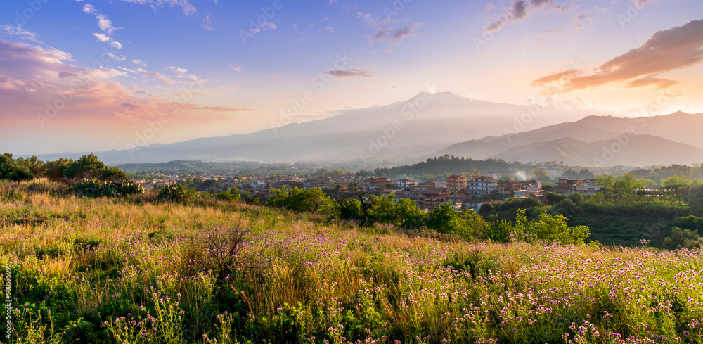 view from hill with golden grass and green bushes to a valley town with majectic mountains and scenic cloudy sunset on background view from hill with golden grass and green bushes to a valley town with majectic mountains and scenic cloudy sunset on background