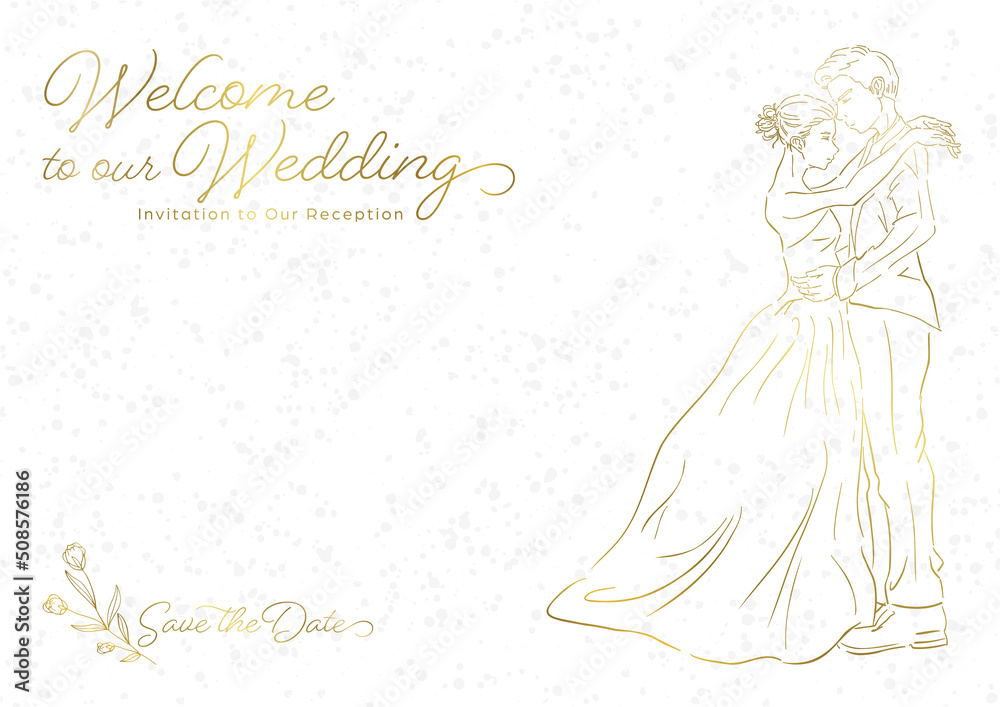 結婚式の招待状. ドレスアップした新郎新婦のイラスト. カードデザイン. 白背景にゴールドの挿絵. 結婚式の招待状. ドレスアップした新郎新婦のイラスト. カードデザイン. 白背景にゴールドの挿絵.