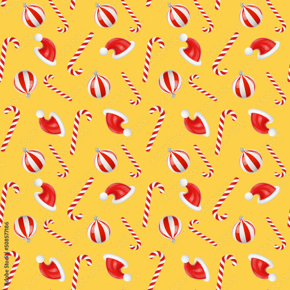 New Year seamless pattern of Christmas toys on a yellow background 3d render New Year seamless pattern of Christmas toys on a yellow background 3d render