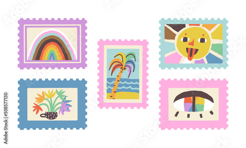 Cute Pride Month Celebration post stamps, coupons, tickets collection. Funky sun, palm, flowers, eye in rainbow LGBTQ flag palette. Vector illustration, clip art set.