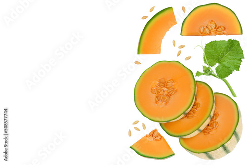 Cantaloupe melon isolated on white background with full depth of field. Top view with copy space for your text. Flat lay