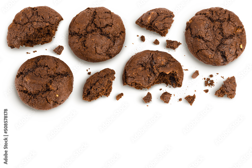 chocolate cookies broken isolated on white background with full depth of field. Top view with copy space for your text. Flat lay
