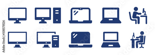 Computer icon vector set. Laptop collection symbol illustration. Working desktop in office sign.