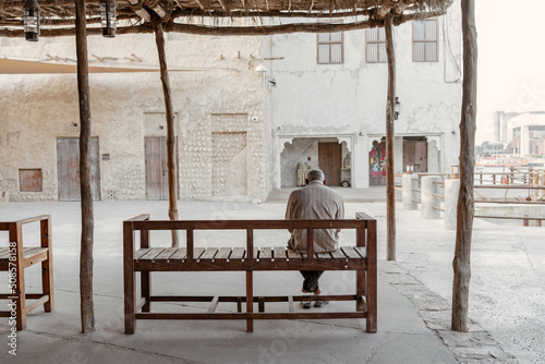 Old streets, signage, sellers, people and wall design of Arab country Al Seef Dubai photo