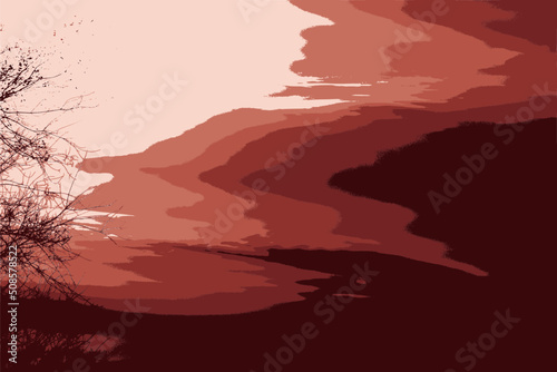 Crimson dawn with tree branches and their reflections. Vector landscape.