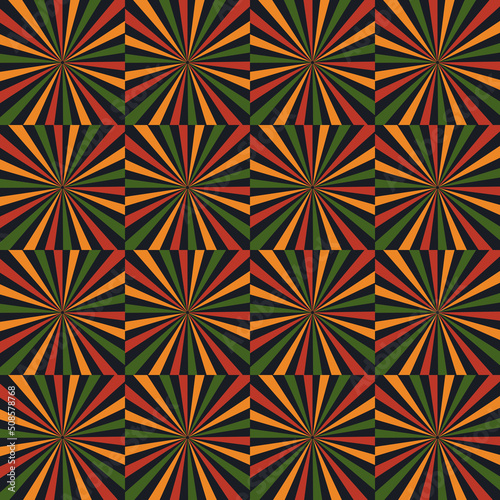 Vector abstract pattern with squares with star burst lines in color of Pan African flag - red, yellow, black, red. Background design for Juneteenth, Kwanzaa, Black History Month. Simple repeat print