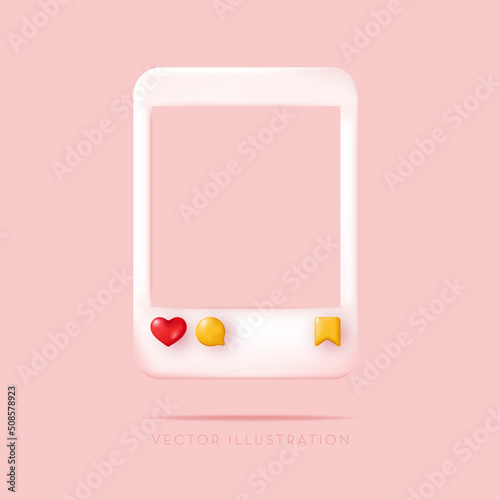 Social media photo frame with heart love button, sending messages, save icons. Vector illustration in minimal 3D style