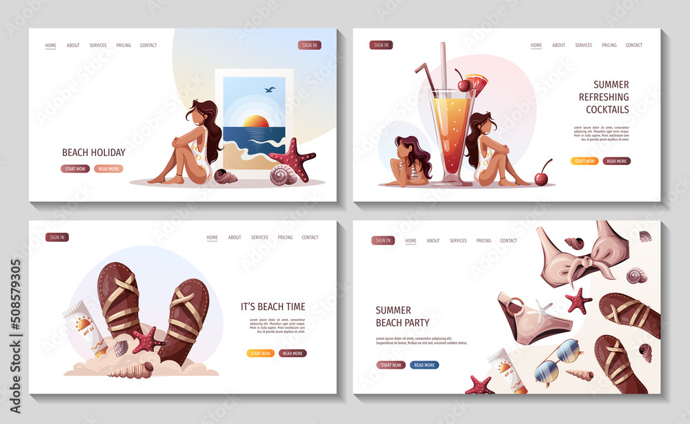 Set of summer web pages. Women in swimsuits,cocktail, seashells, sea beach photography, bikini, sandal. Beach Holidays, Summer vacation, Leisure concept. Vector Illustrations. Banner, website, poster.