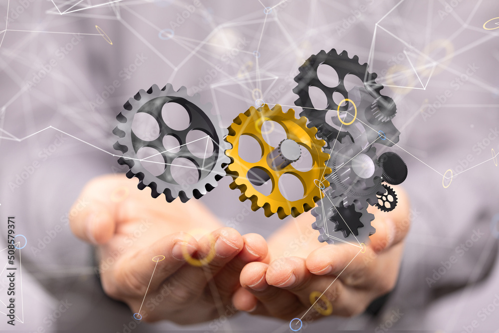 gear system data. Connecting lines and dots.Big data visualization gear system data. Connecting lines and dots.Big data visualization
