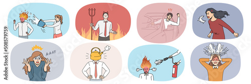 Collection of furious people yell feel distressed in life situations. Set of angry men and women scream and shout show rage and fury. Uncontrollable emotions concept. Vector illustration.  photo
