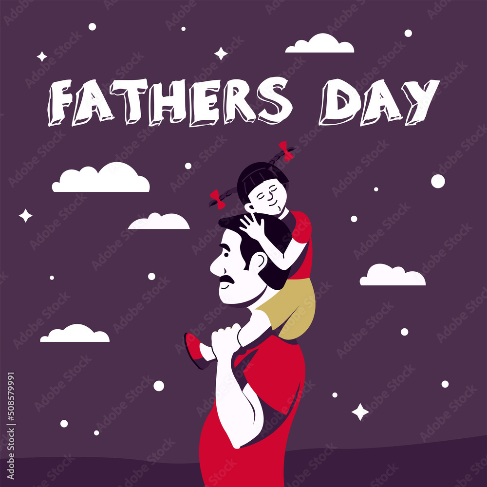Father's day celebration. A father carries his little daughter on his shoulders. Vector image for a postcard.