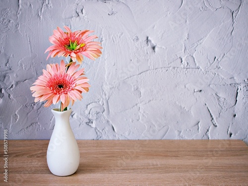Beautiful pink Gerbera jamesonii daisy flower in vase on table ,Barberton Transvaal daisy copy space for text lettering flower in ceramic on wooden table texture cement background wallpaper ,product 