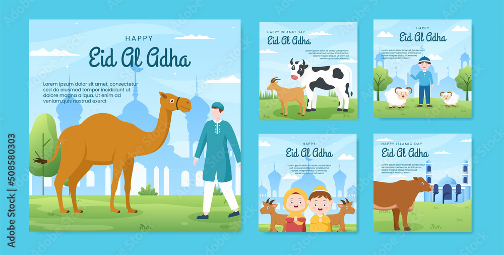 Obraz premium Eid al Adha Post Template Social Media Flat Cartoon Background Illustration