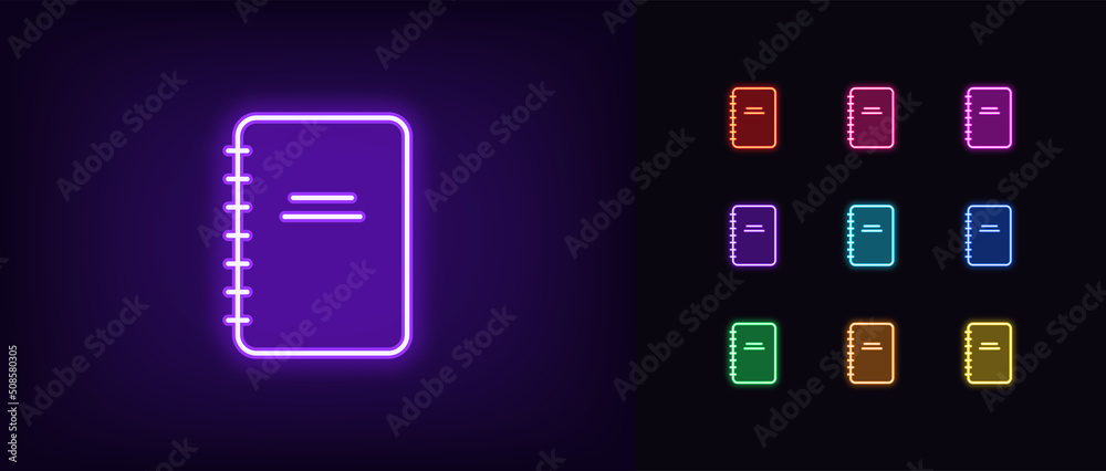Outline neon diary icon. Glowing neon notebook silhouette, notepad pictogram. Diary for business notes