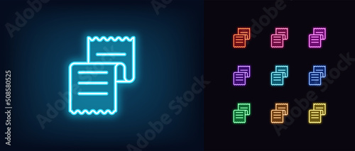 Outline neon receipt icon. Glowing neon invoice paper sign, digital receipt pictogram. Paper check, online payment and purchase