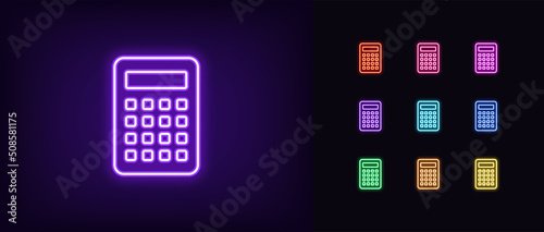 Outline neon calculator icon. Glowing neon math calculator sign, counting device pictogram. Business data calculation