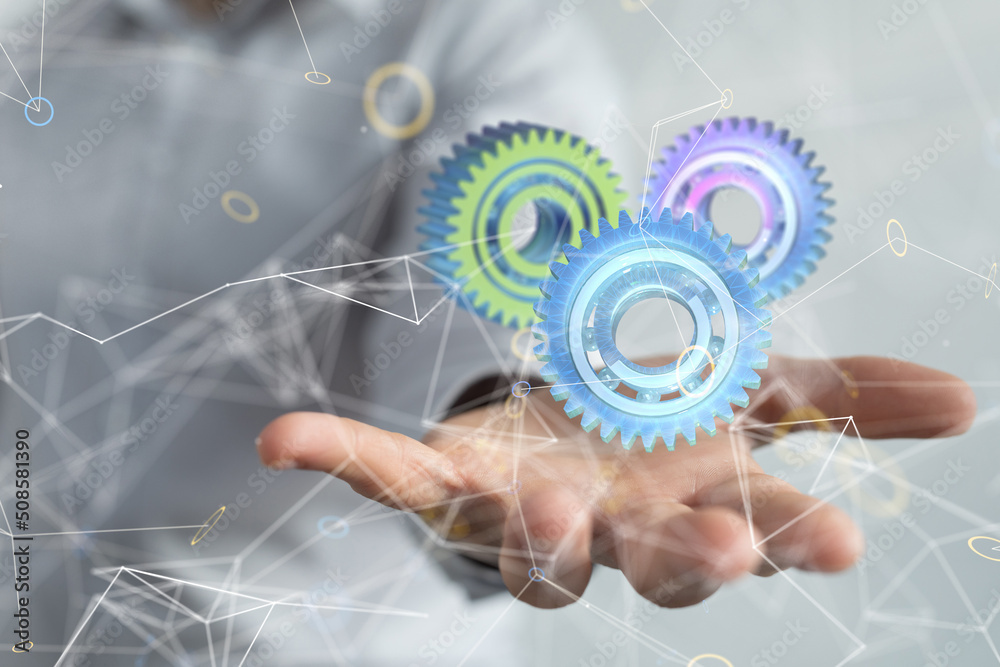 gear system data. Connecting lines and dots.Big data visualization gear system data. Connecting lines and dots.Big data visualization