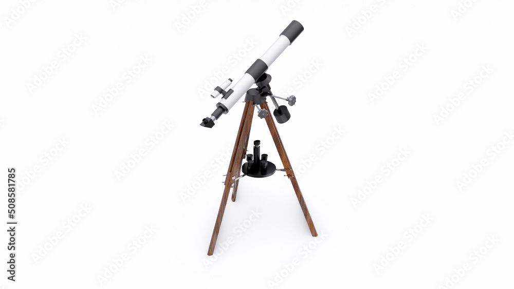Small telescope on a tripod for observing nearby space objects and for teaching astronomy. 3d illustration