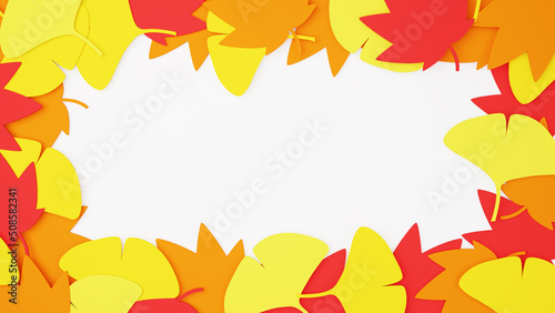 秋の紅葉植物のフレーム画像。紅葉とイチョウの葉。白い背景。