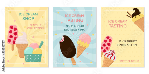 Set of posters with ice cream tasting invitations and ice cream shop. Template for poster, banner, card and flyer.