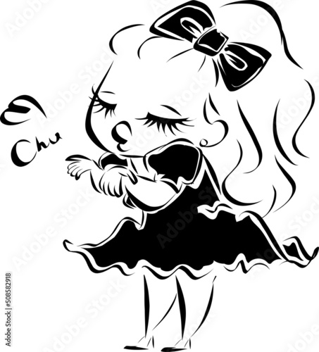 投げキッスをする女の子　線画
