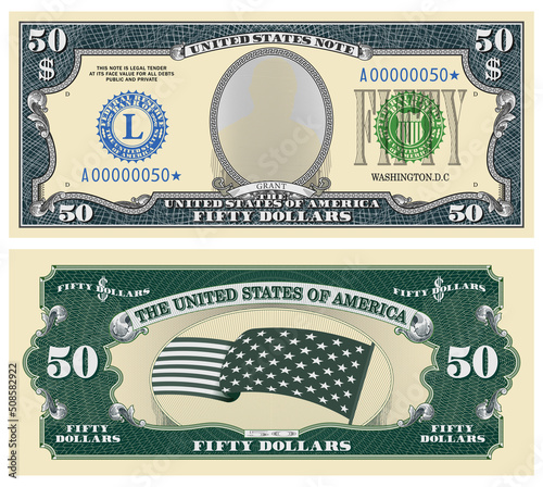 Fictional template obverse and reverse of US paper money. Fifty dollars banknote. Empty oval, stars-striped flag and guilloche frames. Grant photo