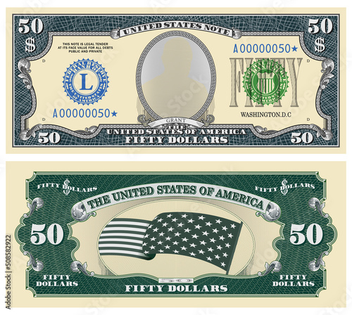 Fictional template obverse and reverse of US paper money. Fifty dollars banknote. Empty oval, stars-striped flag and guilloche frames. Grant