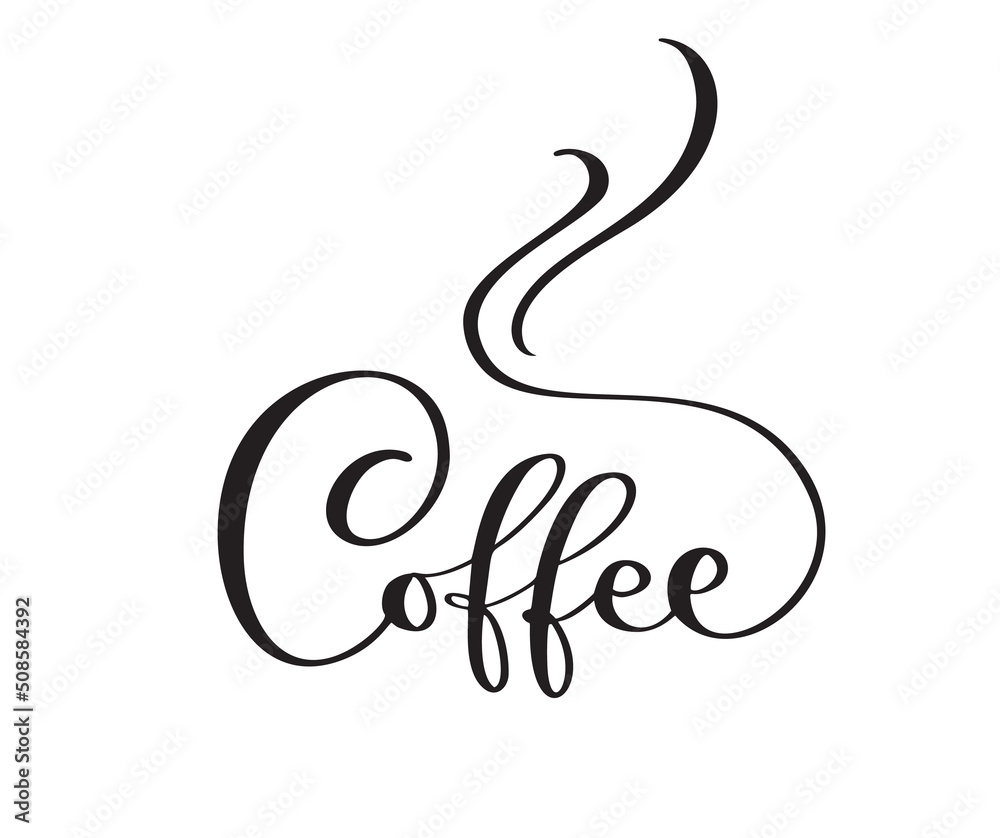 Obraz premium Vector logo of coffee calligraphic text with steam. Black and white handwritten lettering word for icon cafe, menu, textile material