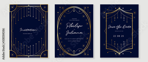 Luxury geometric pattern invitation template. Set of art deco poster design with golden line, ornament, shapes, borders. Elegant card vector perfect for banner, background, wallpaper, wedding.