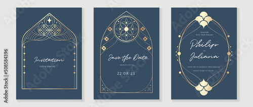 Luxury geometric pattern invitation template. Set of art deco poster design with golden line, ornament, shapes, borders. Elegant card vector perfect for banner, background, wallpaper, wedding.