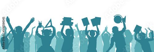 Group of children with school supplies on background of happy kids clapping and thumb up like. Silhouette of first graders. Back to school. Vector illustration