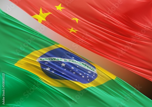 Photography China Flag with Abstract Brazil Flag Illustration 3D Rendering (3D Artwork)