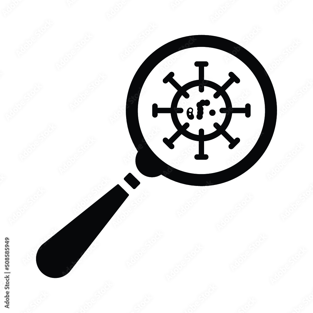 Magnifier, virus icon. Black vector graphics. Magnifier, virus icon. Black vector graphics.