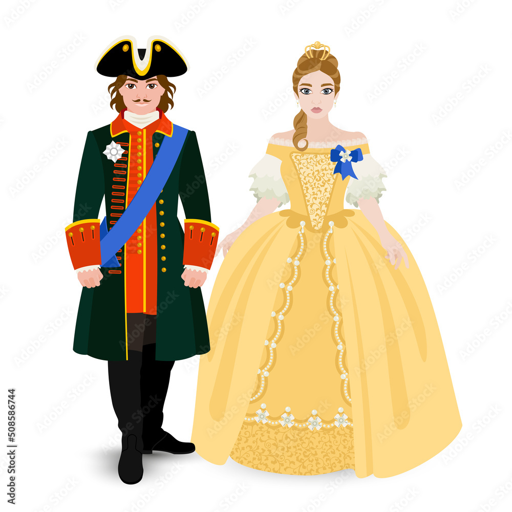 Emperor of All Russia Peter 1 with his daughter Elizabeth in historical costumes of the 18th century. Romanov dynasty. Historical Russian costume in full growth. Flat illustration.