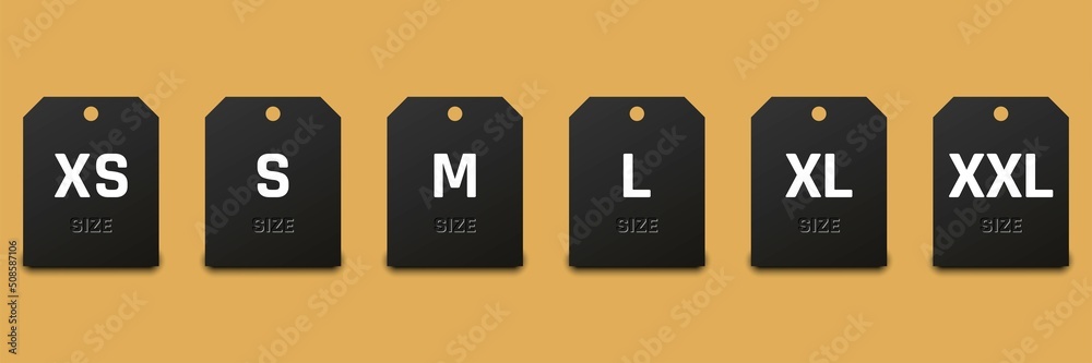 Vetor de Size label tag in black. Small, large and extra large sizes.  Clothing size labels on white background. Small, medium and large shopping  tag. Vector illustration. do Stock