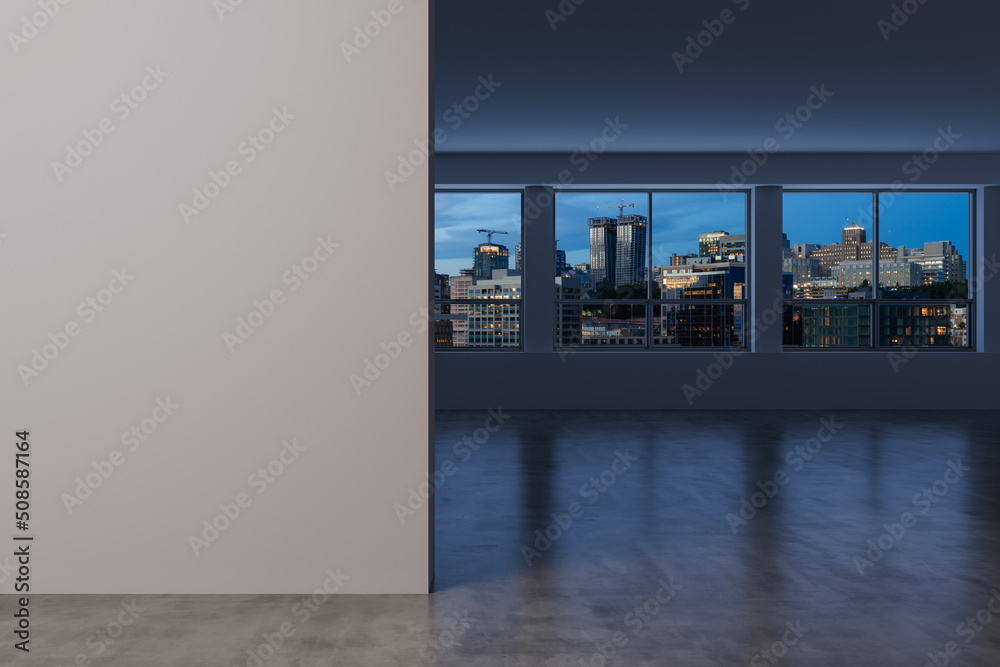 Downtown Seattle City Skyline Buildings from High Rise Window. Beautiful Expensive Real Estate overlooking. Empty room Interior. Mockup wall. Skyscrapers Cityscape. Night. USA. 3d rendering Downtown Seattle City Skyline Buildings from High Rise Window. Beautiful Expensive Real Estate overlooking. Empty room Interior. Mockup wall. Skyscrapers Cityscape. Night. USA. 3d rendering