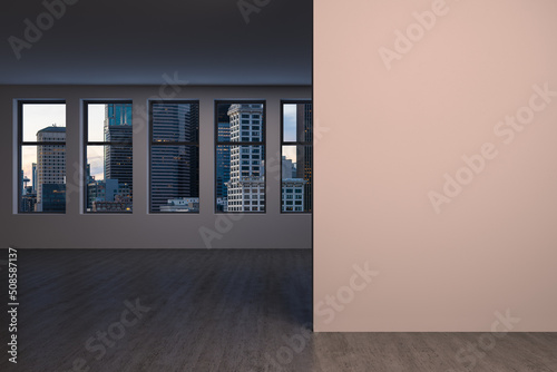 Downtown Seattle City Skyline Buildings from High Rise Window. Beautiful Expensive Real Estate overlooking. Empty room Interior. Mockup wall. Skyscrapers Cityscape. Sunset. USA. 3d rendering photo