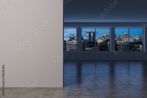 Downtown Seattle City Skyline Buildings from High Rise Window. Beautiful Expensive Real Estate overlooking. Empty room Interior. Mockup wall. Skyscrapers Cityscape. Night. USA. 3d rendering