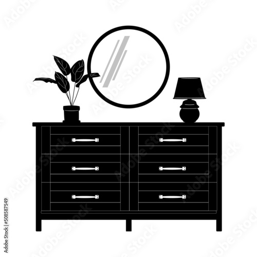 Wooden commode with drawers, mirror, plant in pot and lamp. Dresser or bedside table silhouette. Bedroom interior element. Chest of drawers icon. Vintage furniture for living room. Vector illustration