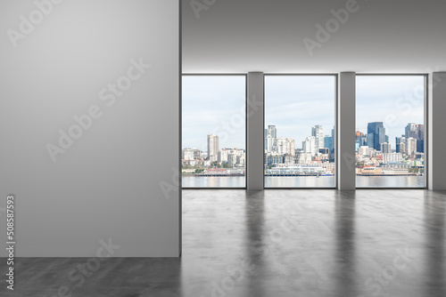 Downtown Seattle City Skyline Buildings from High Rise Window. Beautiful Expensive Real Estate overlooking. Empty room Interior. Mockup wall. Skyscrapers Cityscape. Day. USA. 3d rendering