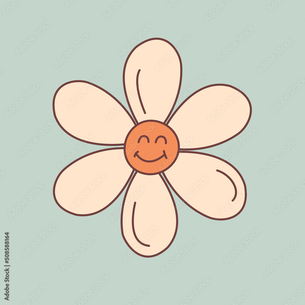 Groovy Daisy flower round icon. Isolated vector illustration Camomile in 1970s retro style.