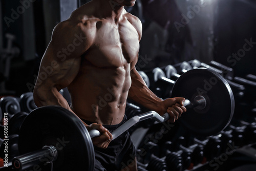 Handsome power athletic bodybuilder training pumping up muscles in gym Fototapet