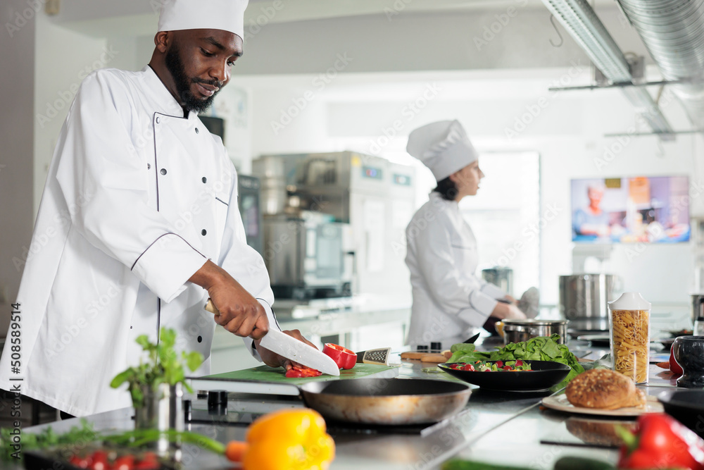 Culinary expert in restaurant professional kitchen cooking gourmet dish served at dinner service at evening. Head cook cutting red pepper while garnishing delicious meal.