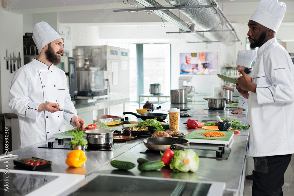Chefs talking about what meal to prepare for dinner service at fine dining restaurant. Diverse food industry workers discussing about gourmet dish recipe while cooking in professional kitchen. Chefs talking about what meal to prepare for dinner service at fine dining restaurant. Diverse food industry workers discussing about gourmet dish recipe while cooking in professional kitchen.